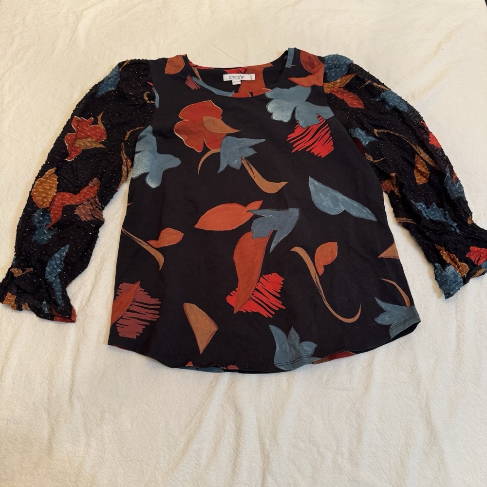 Chicos Blouse 0 Small S Black Floral Mixed Media Crinkle Textured Sleeve Top
